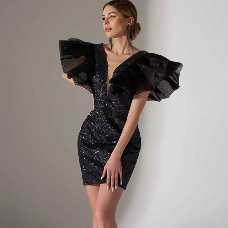 Women's Party Evening Dress Floating Sleeves Fashion Tulle Sequined Backless Bodycon Dress Elegant Slim Fit Black Maxi Dress