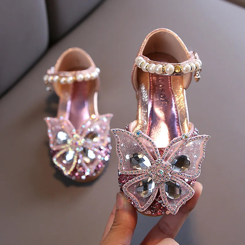 2024 New Children's Party Wedding Children Shoes Sequin Lace Bow Kids Shoes Cute Pearl Princess Dance Single Casual Girls Shoe