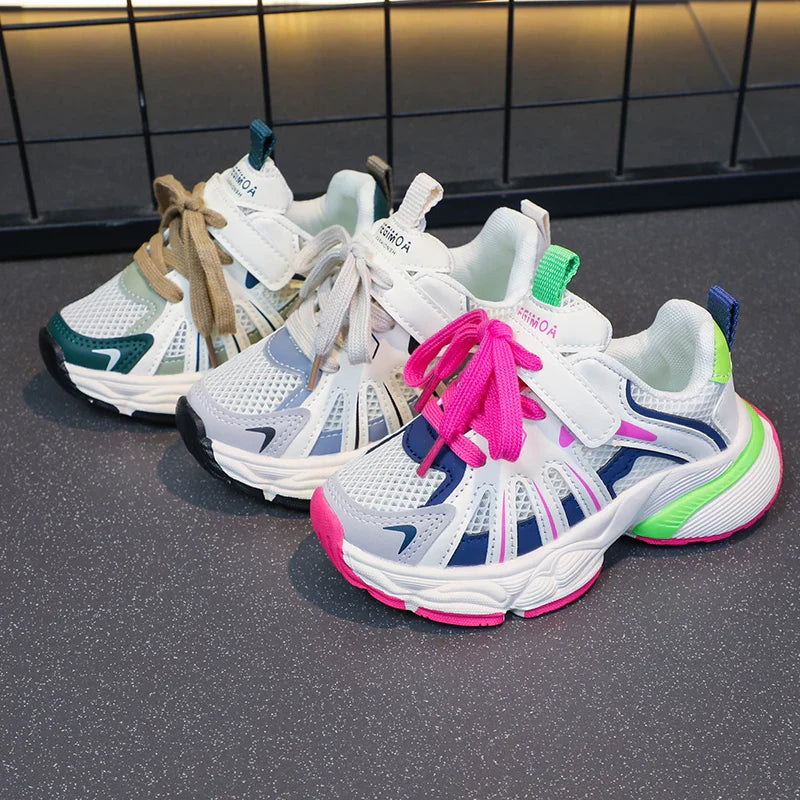 Girl's Color Block Mesh Breathable Chunky Shoes Comfy Non Slip Lace Up Durable Sneakers For Kid's Outdoor Activities
