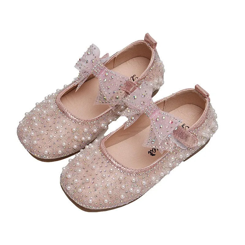 Girl's Princess Shoes Children's Fashion Bow Rhinestone Leather Kids Shoe 2025 New Baby Girls Party Student Flat Shoes