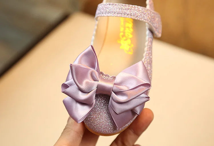 Glitter with Bow-knot Princess Sweet Bling Dress Shoes for Dance Party Girls Leather Shoes for Toddlers Kids Big Children Flats