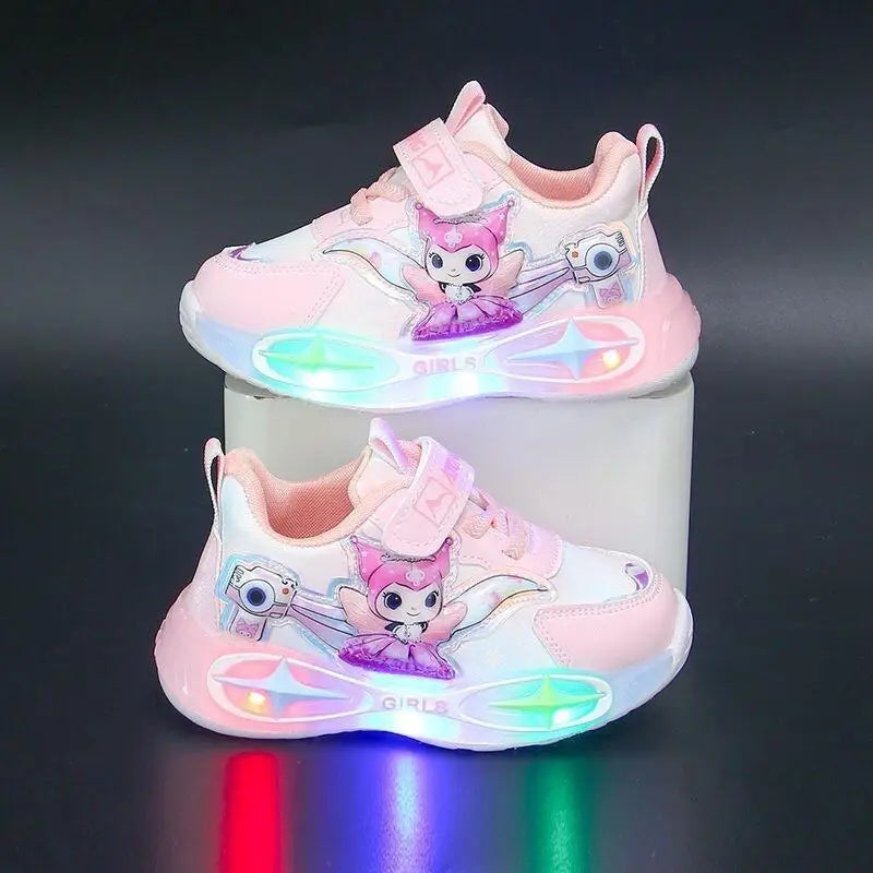 Sanrio Kuromi Girls Light Up Sneakers New Waterproof Leather Princess Running Casual Sports Shoes with Cotton Lined for Kids