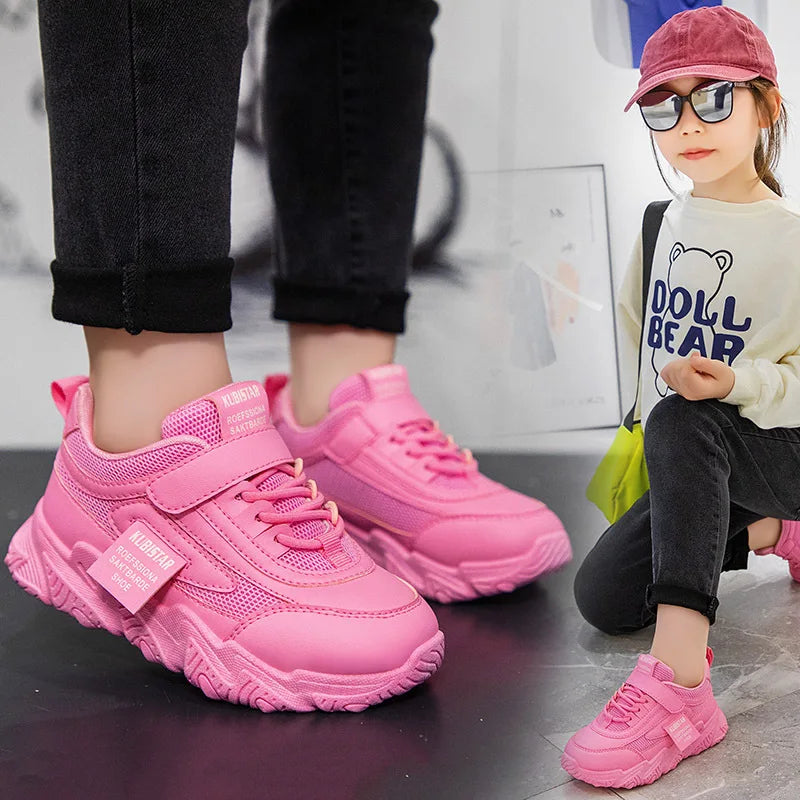 Spring New Kids Sneakers 2023 PU Girls Casual Mesh Solid Pink Light Boys White Hook & Loop Children Non-slip Sports Shoe Fas