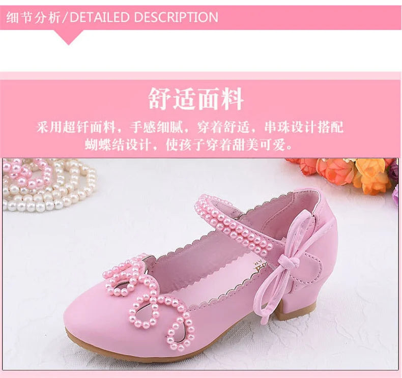 New Princess Kids High Heels Shoes Girls Wedding Dress Party Leather Shoes Children's White Shoes Performance Shoes for Students