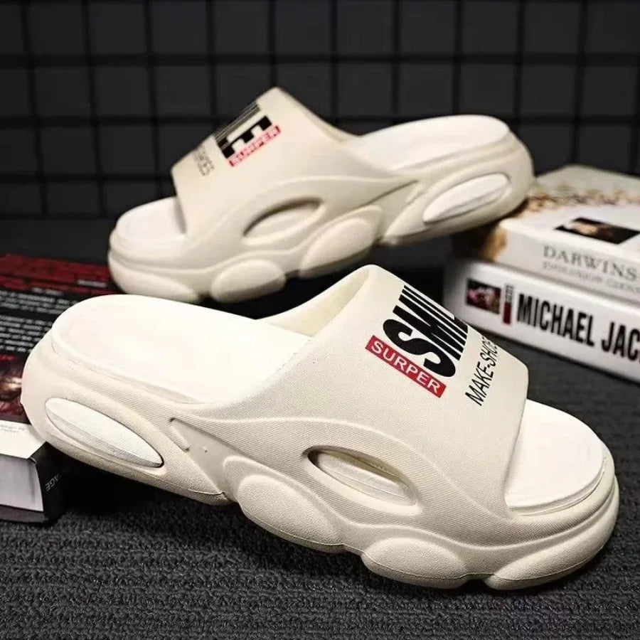 Men Thick Sole Summer Beach Slides Bathroom Anti Slip Slipper Soft Sandals Light Letter Shoes Men Slippers Platform Sandals