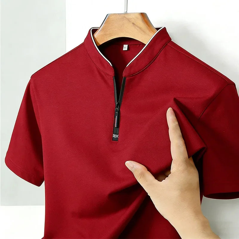 Men's Short Sleeve Stand Collar T-Shirt Summer Casual Business Half-Zip Top Breathable Solid Color Slim Fit Male Daily Wear