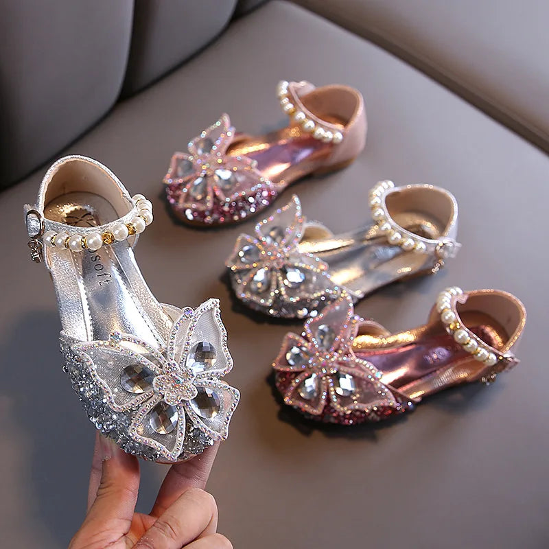2024 New Children's Party Wedding Children Shoes Sequin Lace Bow Kids Shoes Cute Pearl Princess Dance Single Casual Girls Shoe