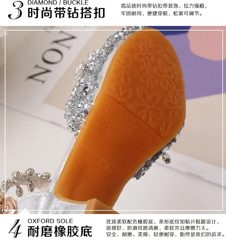 Girls' high-heeled princess shoes model catwalk show silver children's dress shoes shiny stage crystal sandals