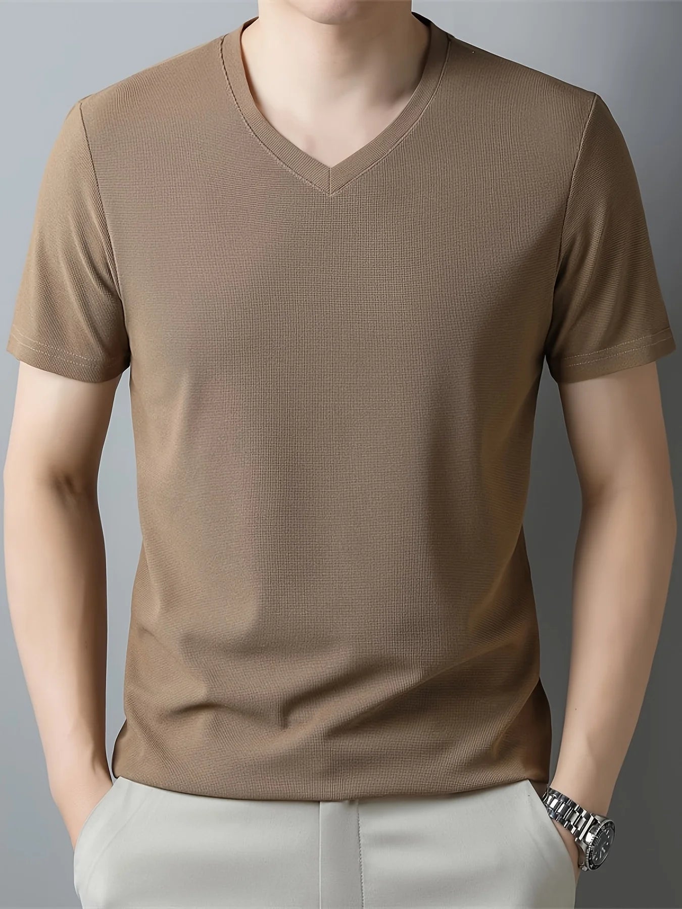 Men's Solid Color V-neck Short Sleeve T-shirt  Comfy And Breathable Tees  Men  Casual And Chic Tops  Summer Daily Wear