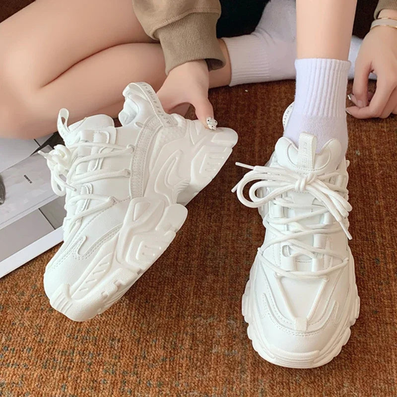 Platform Sneakers for Women Fashion White Lace Up Running Shoes Casual Comfortable Round Toe Chunky Sport Shoes Zapatos De Mujer