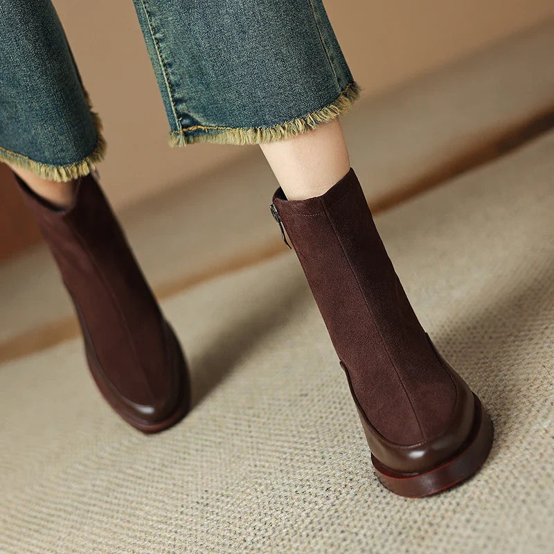 2025 New Women's Short Boots Genuine Leather Retro Chunky Heel High Heel Boots Female Large Size Pointed Toe Women Ankle Boots