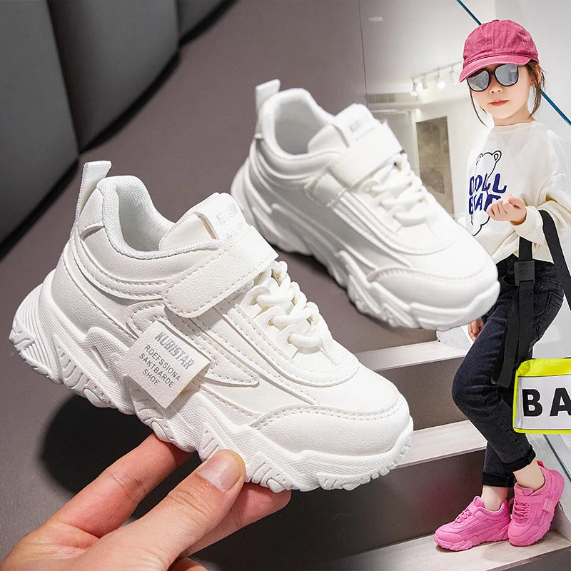 Spring New Kids Sneakers 2023 PU Girls Casual Mesh Solid Pink Light Boys White Hook & Loop Children Non-slip Sports Shoe Fas