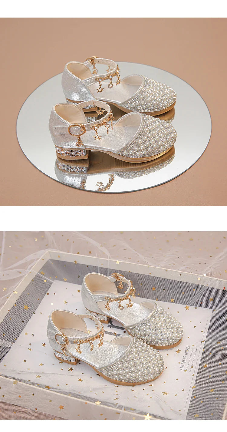 Girls High Heeled Shoes for Wedding Party Glitter Rhinestone Pendants Shiny Glitter Fashion Princess Kids Leather Dress Shoes