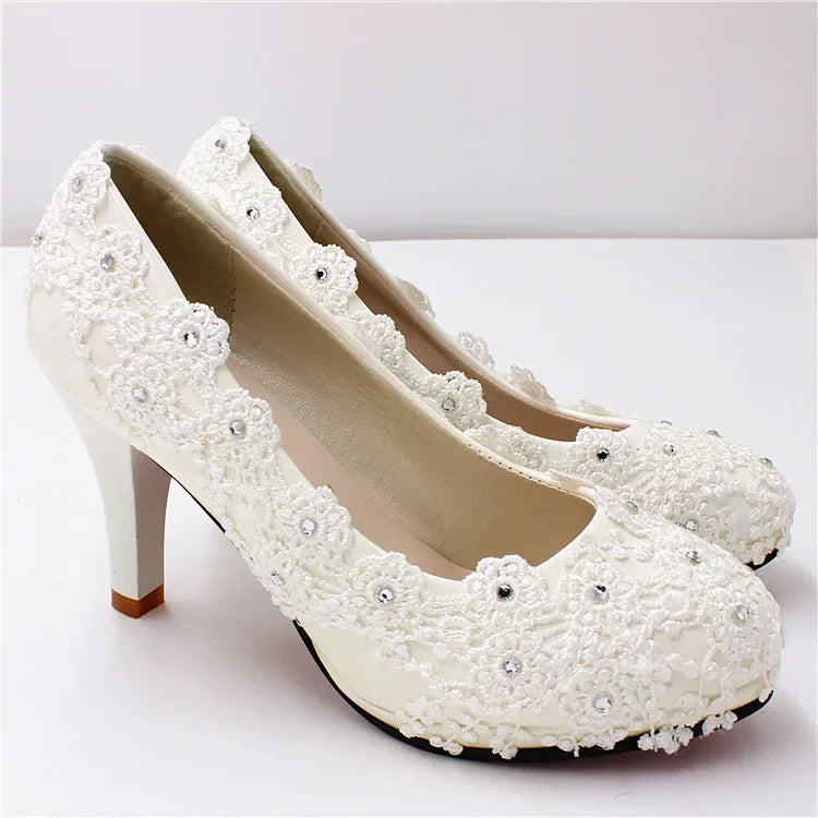 New Shoes Woman Bride Elegant White Lace Pearl Design High Heels Women's High Heels Bride Wedding Shoes Ladies