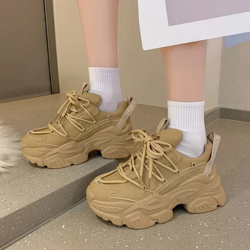 Platform Sneakers for Women Fashion White Lace Up Running Shoes Casual Comfortable Round Toe Chunky Sport Shoes Zapatos De Mujer