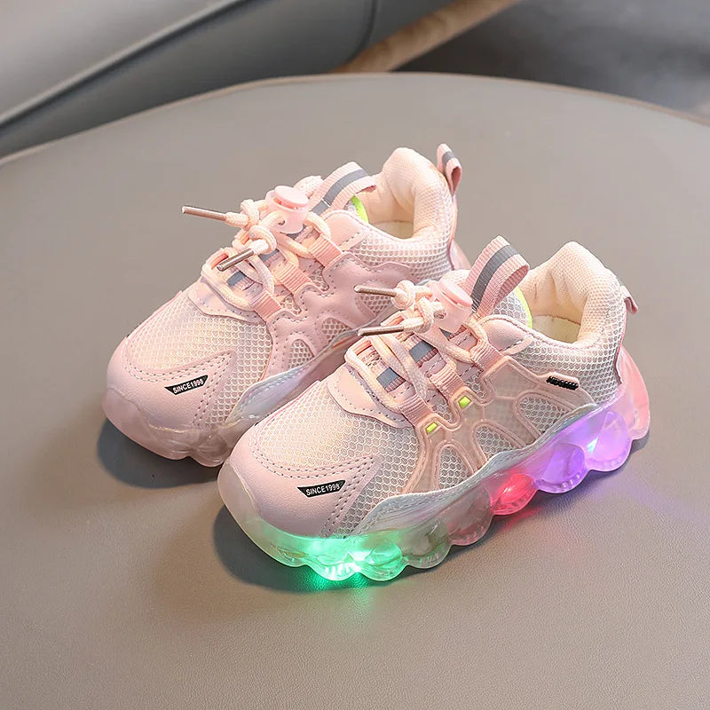 New Kid Sneaker Anti Slip Soft Bottom Boy LED Light Shoes Comfort Versatile Girls Casual Shoe Simple Child Mesh Shoes
