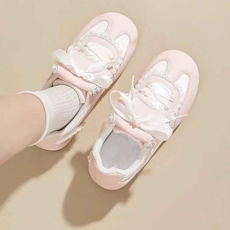 Girly Dopamine Pink Sneakers 2025 Fall New Women's Lightweight Ballet Flats Round Toe Lace Detail White Casual Walking Shoes