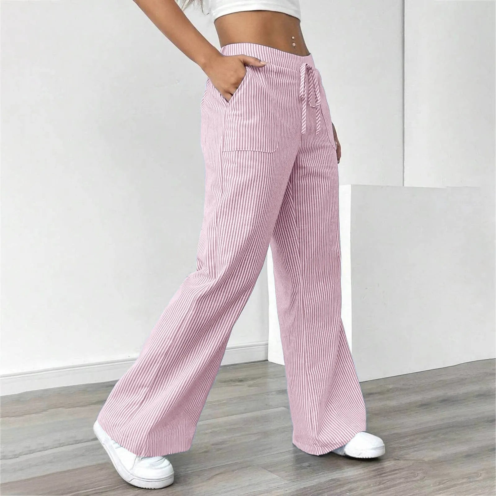 High Waist Pants For Women Elastic Waist Drawstring Wide Leg Casual Trousers With Pockets Soft Breathable Loose Knit Bottoms