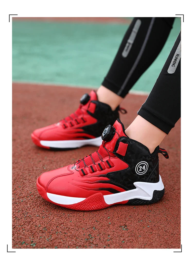 Kids Basketball Shoes Boys Rotary Buckle Sneakers Non-slip Child Trainer Basket Shoes Outdoor Children Sport Running Footwear