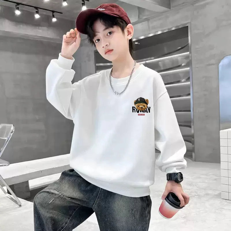Boys Cartoon Bear Sweatshirts Loose Sports Round Neck Tops New Spring Autumn Clothing Toddler Trendy Printed Long-sleeved Hoodie