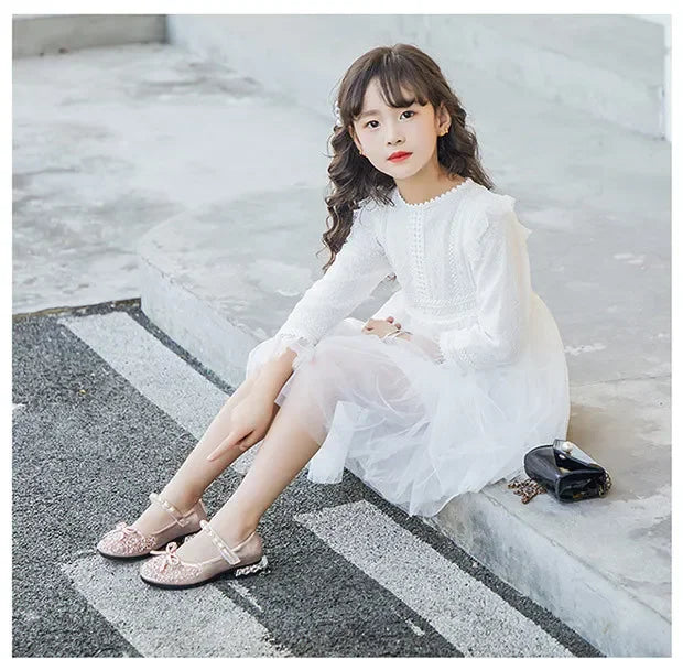 Little Kids Pearl Glitter Leather Shoes Girls Low Heeled Shoes Soft Soles Princess Dance Shoes Children Wedding Party Dress Shoe