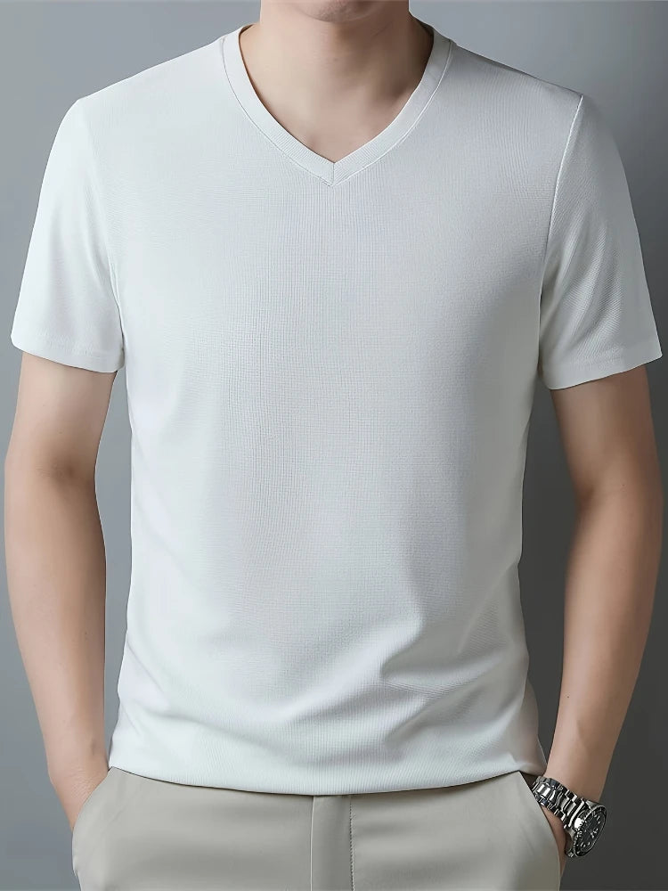 Men's Solid Color V-neck Short Sleeve T-shirt  Comfy And Breathable Tees  Men  Casual And Chic Tops  Summer Daily Wear