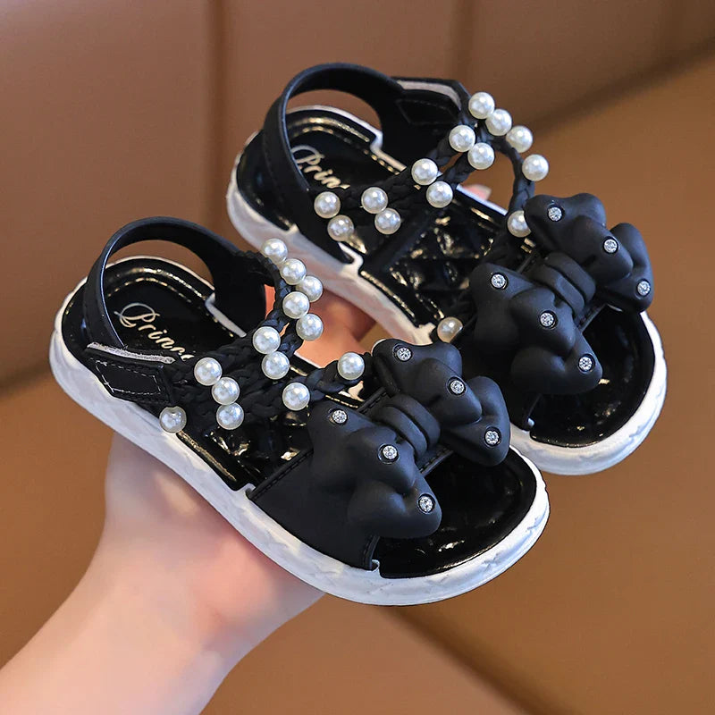 New Summer Bow Pearl Ornament Flat Sandals For Girls Aged 1-7 Children Slippers Non-slip Outdoors Seabeach Flip Flops Kids Shoes