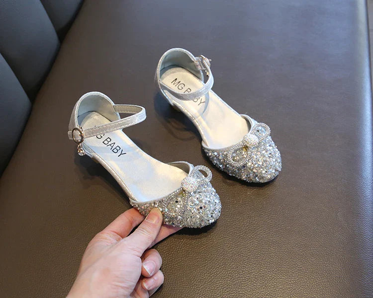 Girls High Heels for Kids Party Wedding Evening Dress Shoes Fashion Bow Diamond Crystal Shoes Princess Stockings Girl Sandals