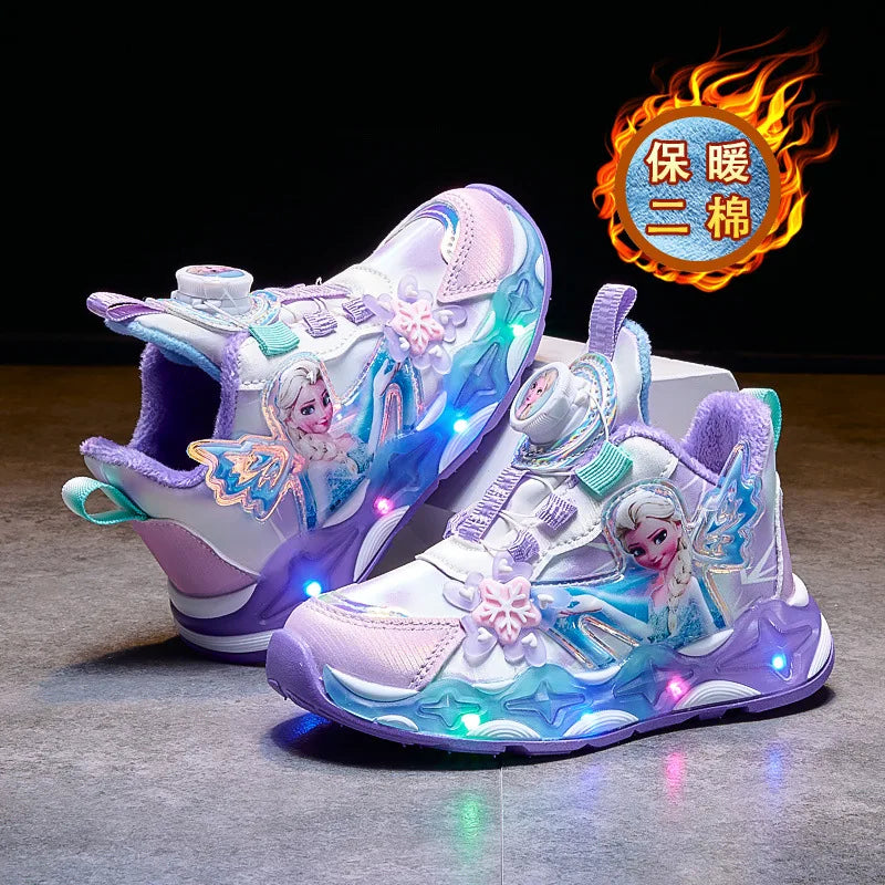 2025 Elsa Light-Up Girls Boots, Fleece-Lined Leather Sneakers for Kids Winter Running Shoes