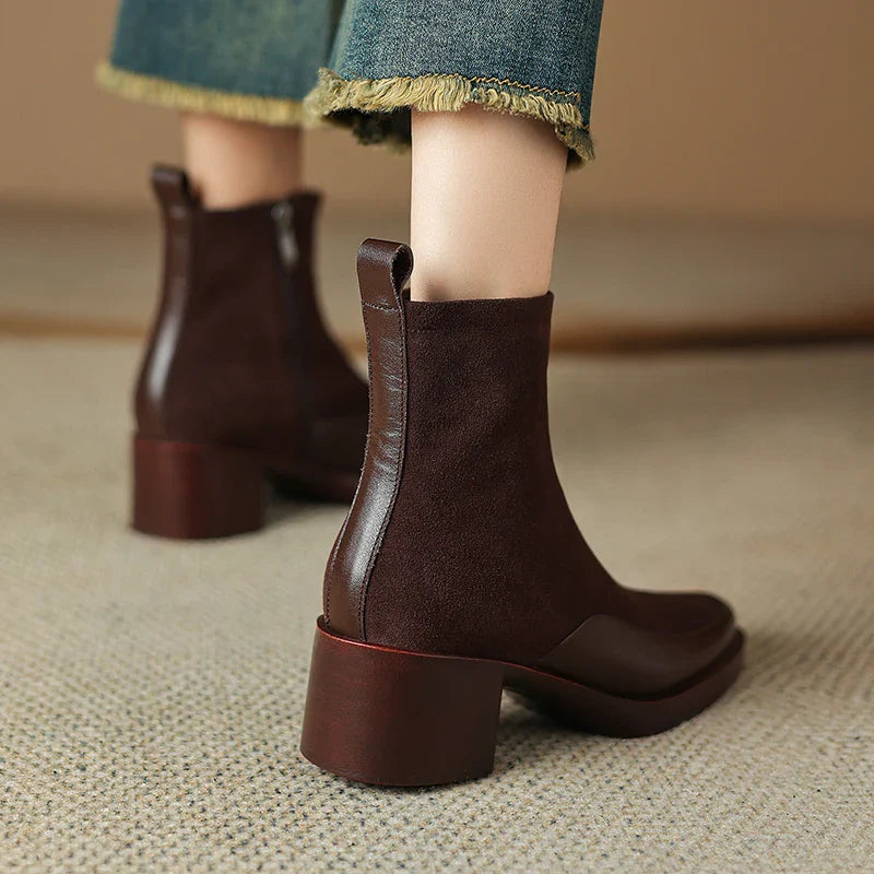 2025 New Women's Short Boots Genuine Leather Retro Chunky Heel High Heel Boots Female Large Size Pointed Toe Women Ankle Boots
