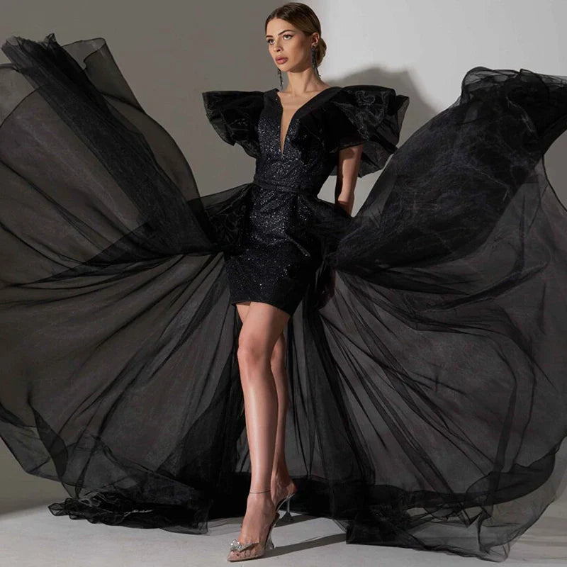 Women's Party Evening Dress Floating Sleeves Fashion Tulle Sequined Backless Bodycon Dress Elegant Slim Fit Black Maxi Dress