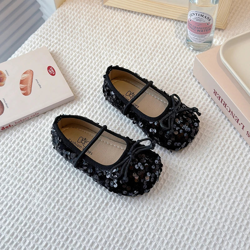 Girls Shoes Kids Glitter Leather Shoes for Wedding Stage Party Sequins Bling Shiny with Bow-knot Princess Soft Children's Flats