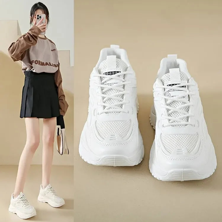 White Sneakers Women 2024 New Leather Chunky Sneakers Women's Sports Shoes Thick Tennis Vulcanized Shoes Basket Platform Shoes