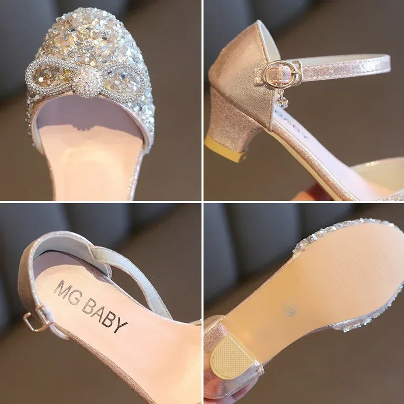 Girls High Heels for Kids Party Wedding Evening Dress Shoes Fashion Bow Diamond Crystal Shoes Princess Stockings Girl Sandals