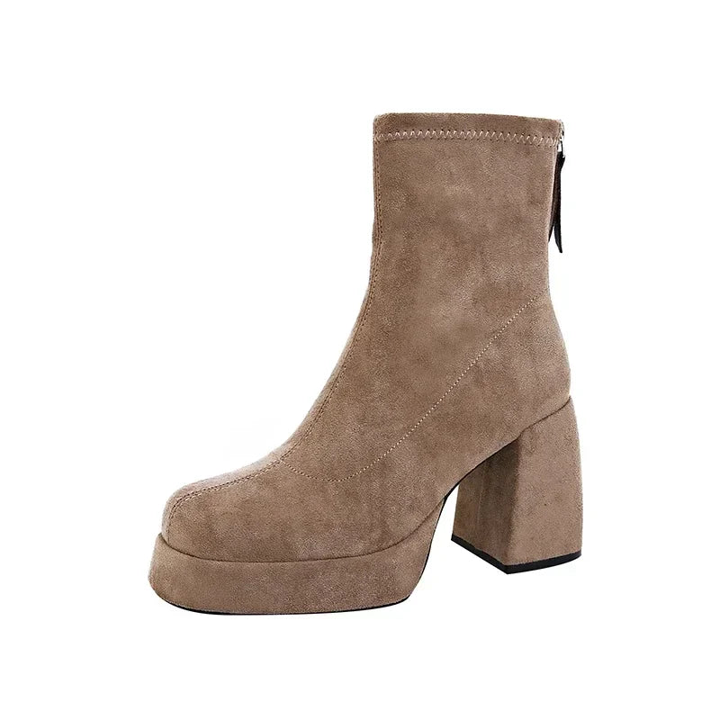 2024 Women's Fashion High-heeled Boots Winter New British Style Soft Sole Anti-slippery Catwalk Versatile Keep Warm Leather Shoe