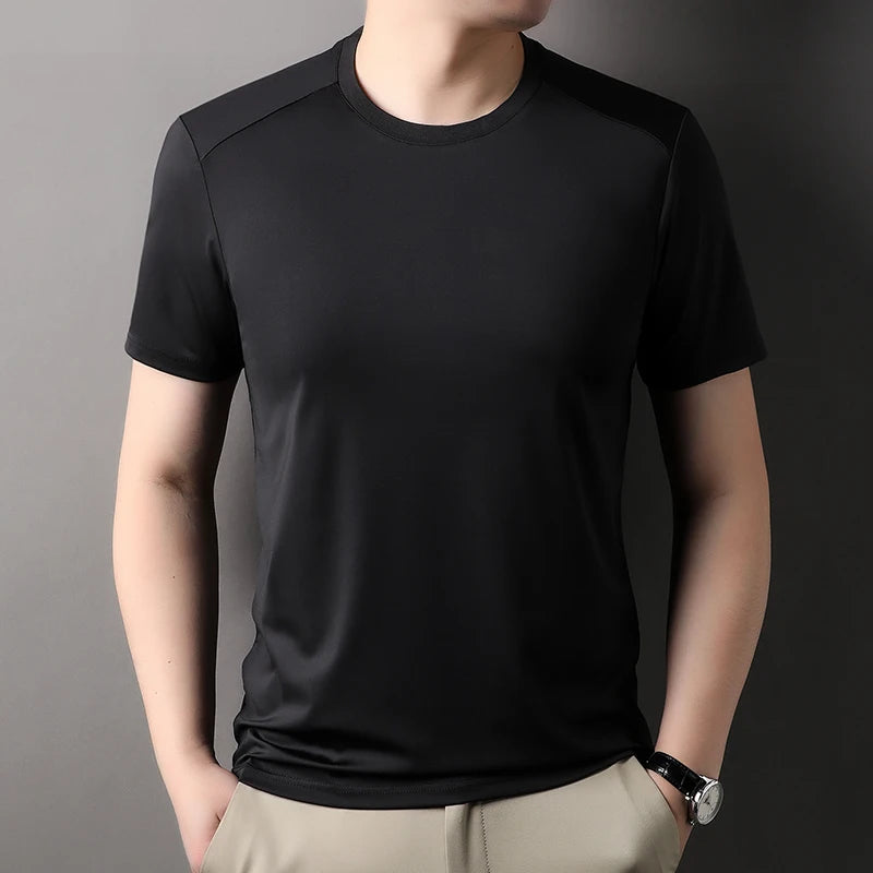 High quality solid color round neck men's short sleeved T-shirt 2024 summer comfortable silk ice feeling casual business