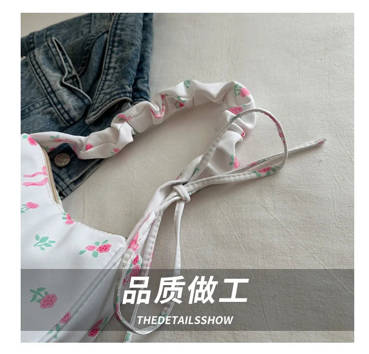 Women's Bags 2025 Summer Nylon Pleated Handbags Armpit Bag Korean Floral Bow Printed Zipper Tote Bag Female Small Shoulder Bags