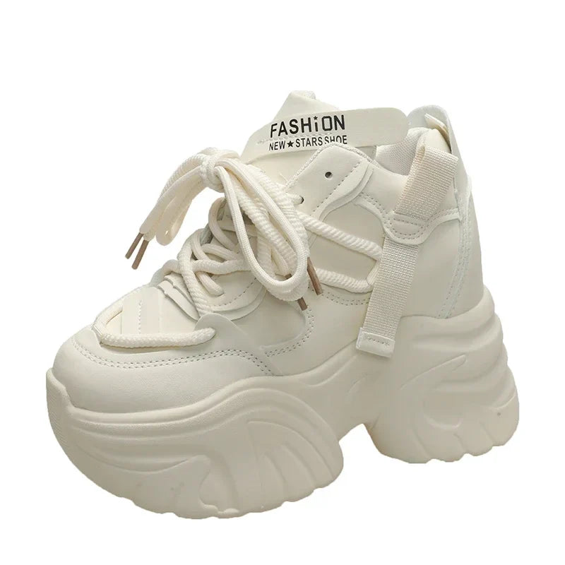 Women Walking Sneakers Autumn Lace-up High Platform Chunky Shoes Breathable Leather Shoes 10CM Winter Wedge Heels Casual Shoes