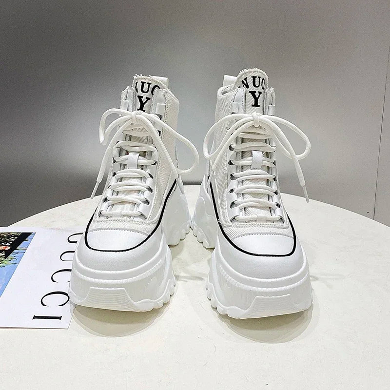 Women Sneakers High Top Platform Breathable Leather Shoes 2023 Autumn Ladies Wedges Casual Shoes For Woman Sports Dad Shoes 8CM