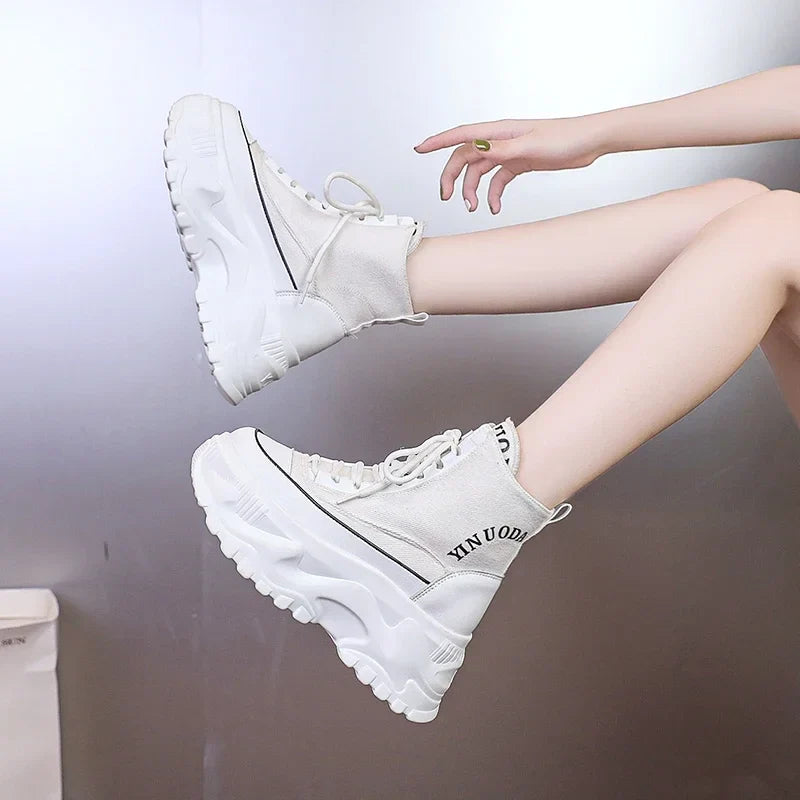 Women Sneakers High Top Platform Breathable Leather Shoes 2023 Autumn Ladies Wedges Casual Shoes For Woman Sports Dad Shoes 8CM