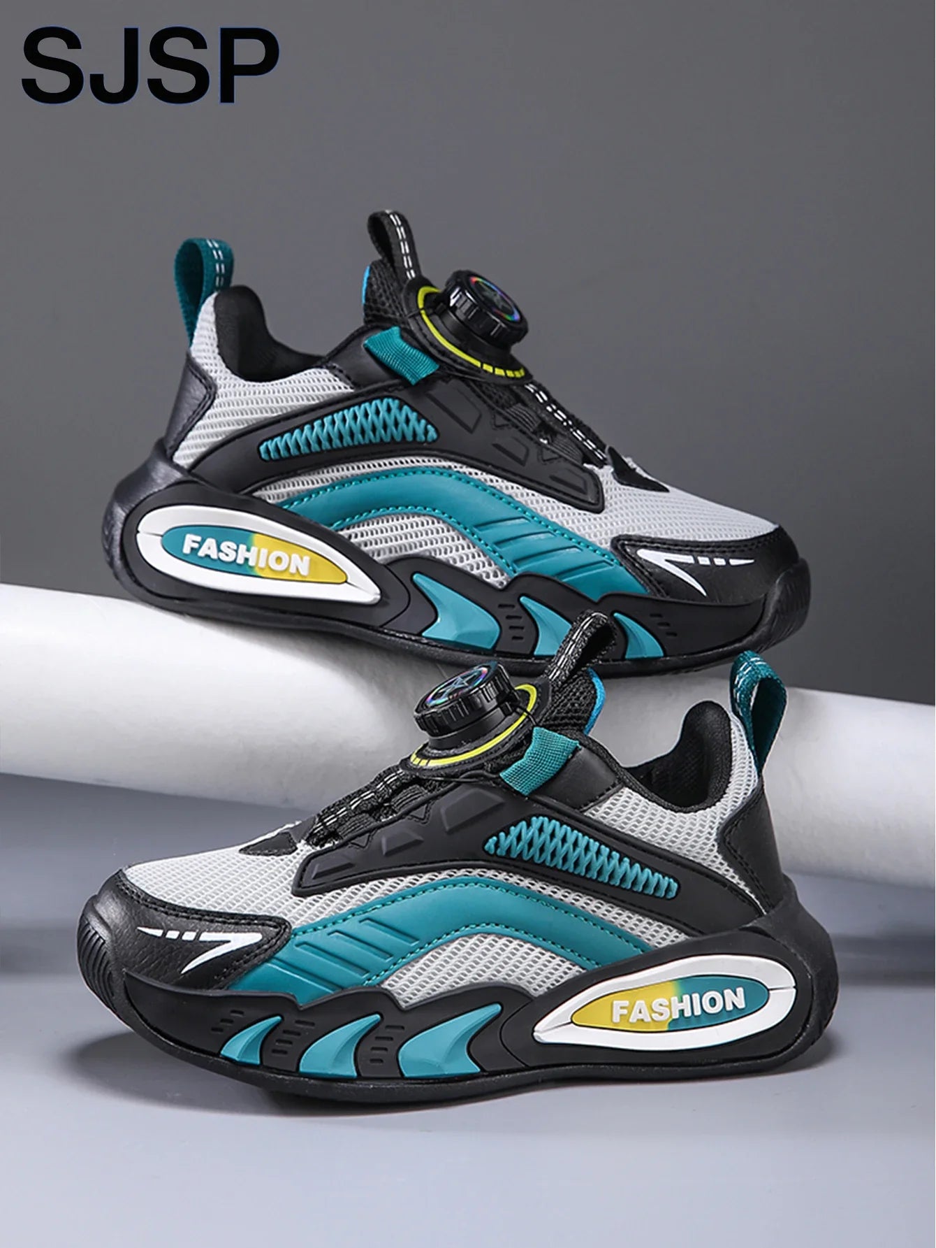 Boys' New Trendy Color-Blocked Mesh Sneakers with Knob Buckle, Dad Shoe Style Breathable Children's Shoes, Spring and Autumn Campus Outdoor Non-Slip Running Shoes, Casual Sports Trendy Shoes