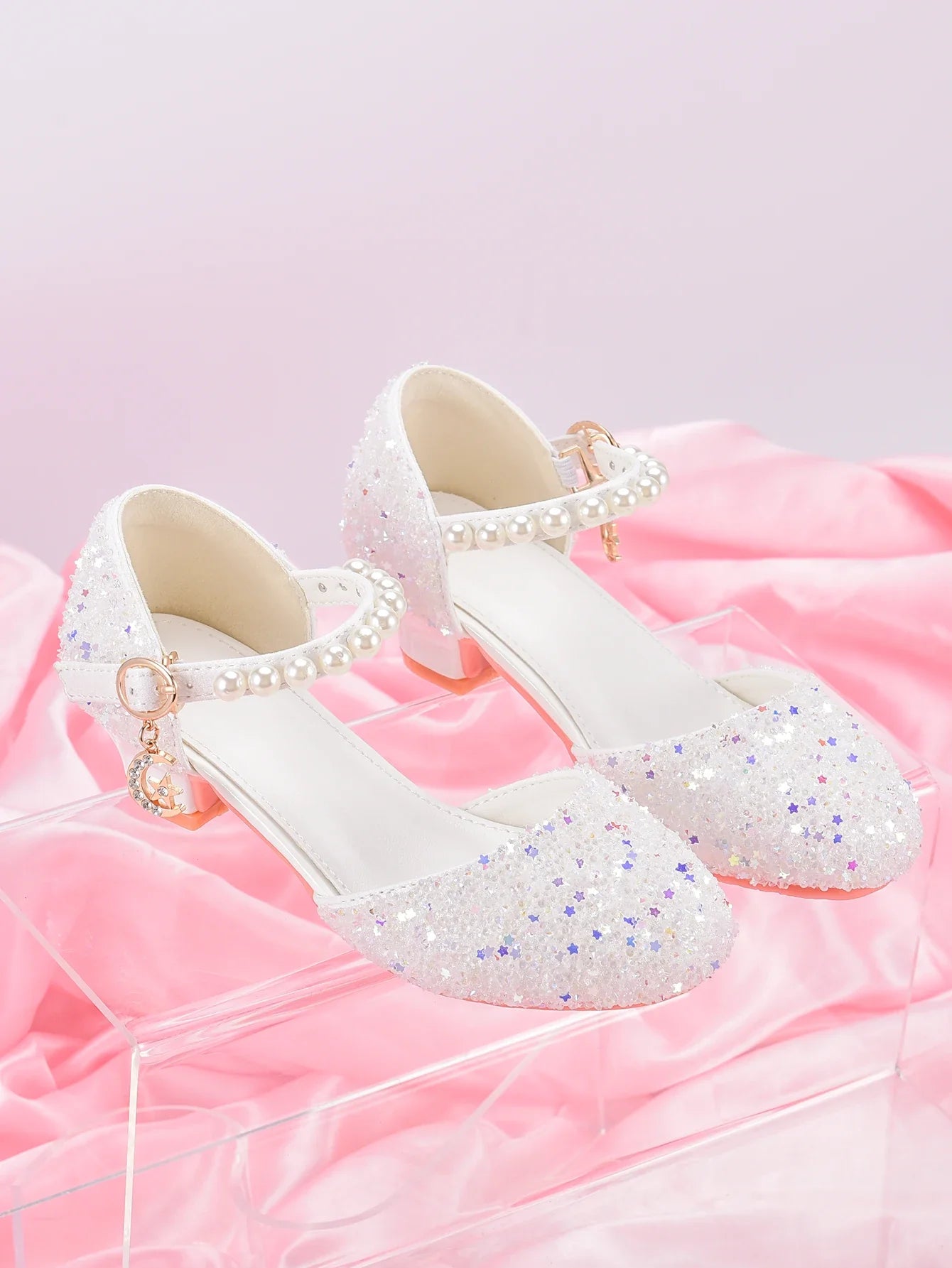 Girls' Princess Style High Heel Shoes With Shiny Star Pendant Decoration, Suitable For Dress And Birthday Party