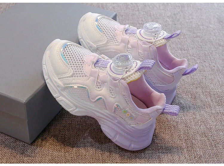 Girls Sneakers with Sweet Flowers Children Running Shoes Rotating Button 2025 New Kids Sports Shoes Princess Style Comfortable