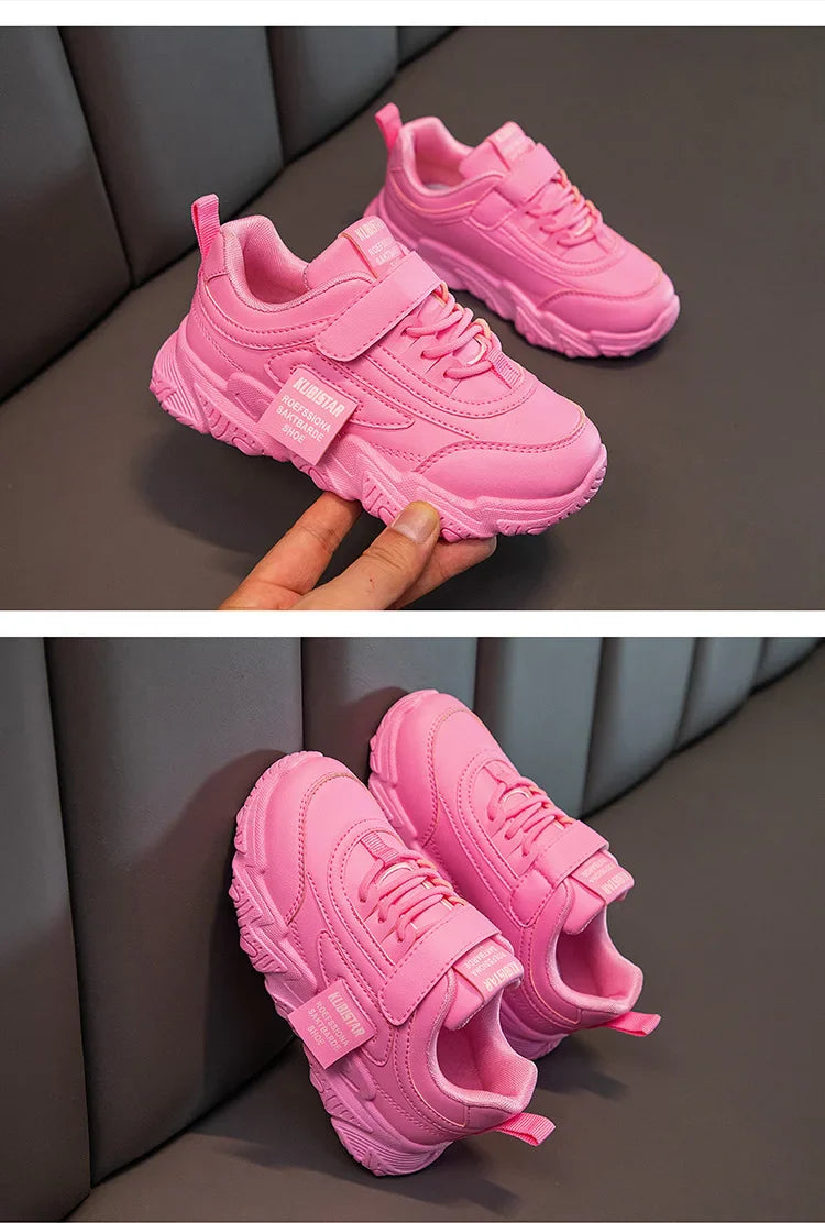 Spring New Kids Sneakers 2023 PU Girls Casual Mesh Solid Pink Light Boys White Hook & Loop Children Non-slip Sports Shoe Fas
