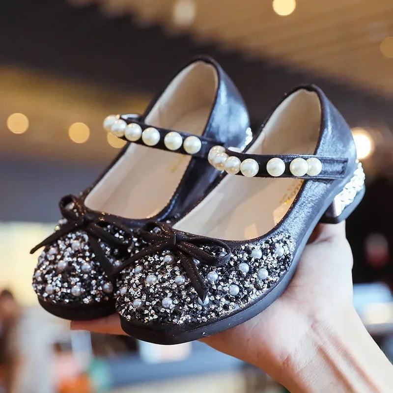 Children's Wedding Shoes Princess Party Girls' Shoes Mary Jane Flats Elastic Shoes Baby Fashion Pearl Diamond Kids Dance Shoes