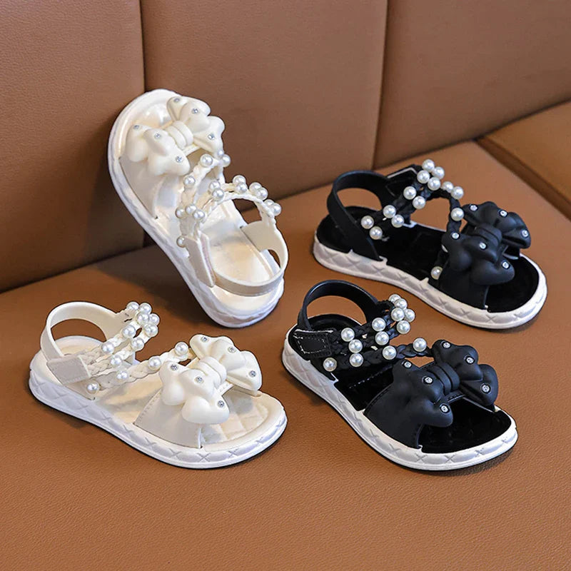 New Summer Bow Pearl Ornament Flat Sandals For Girls Aged 1-7 Children Slippers Non-slip Outdoors Seabeach Flip Flops Kids Shoes