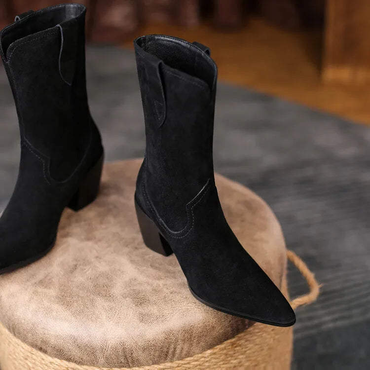 2022 New Autumn/winter Women's Boots Pointed Toe Chunky Heel Short Boots Cow Suede Western Boots Shoes for Women High Heels