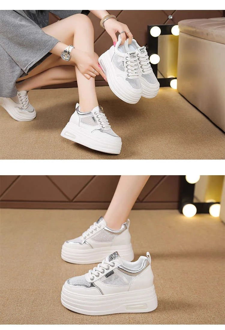 Women's White Chunky Sole Sneakers – Breathable Mesh Shoes with Thick Platform and Air Cushion for Casual Wear