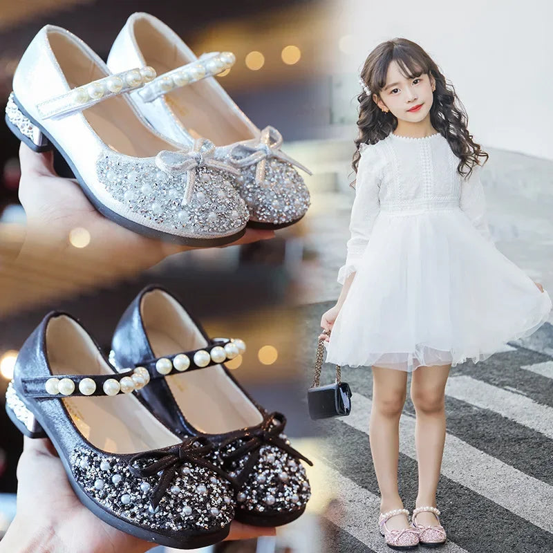 Children's Wedding Shoes Princess Party Girls' Shoes Mary Jane Flats Elastic Shoes Baby Fashion Pearl Diamond Kids Dance Shoes