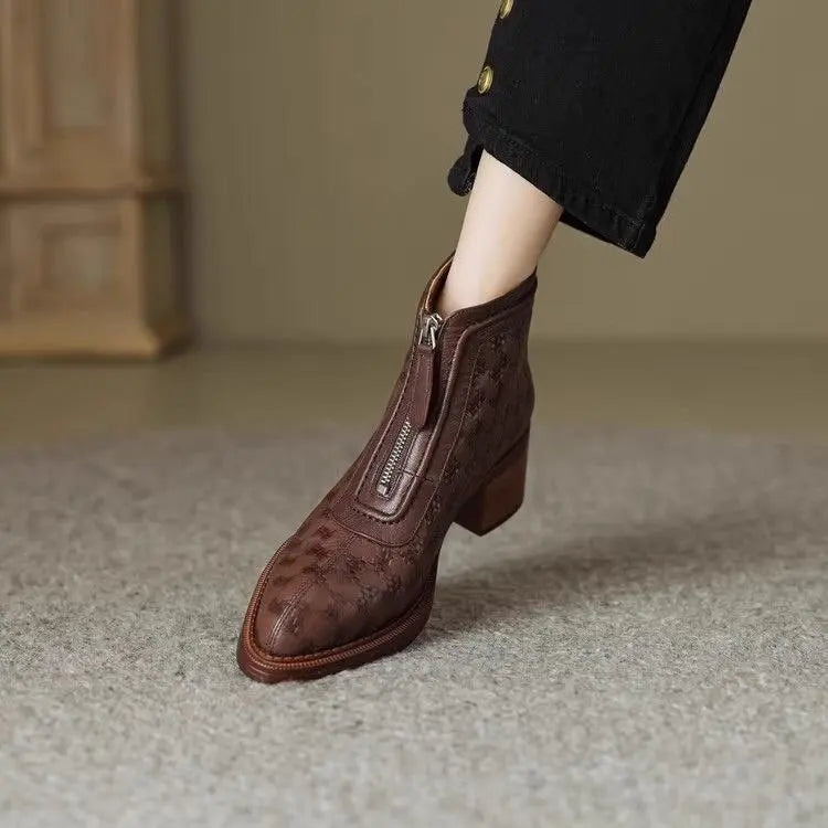 Women's Short Boots 2025 New Autumn Winter Zipper Vintage Chunky Heel Middle Heel Shoes Comfortable Warm Non Slip Fashion Boots